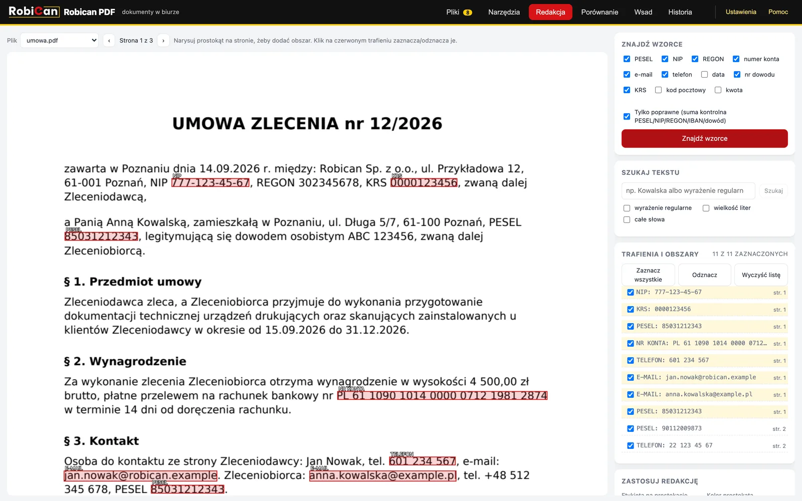 Redakcja: wykryte numery PESEL przed trwałym usunięciem